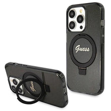 Заредете изображение във визуализатора на галерията – Guess Ring Stand Script Glitter MagSafe case for iPhone 14 Pro - black
