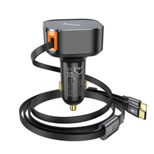 Заредете изображение във визуализатора на галерията – HOCO car charger with telescoping cable Type C + Lightning QC PD 30W NZ13 black

