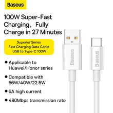 Заредете изображение във визуализатора на галерията – Baseus кабел usb to type c pd100w power delivery superior cays001402 2m white
