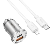 Заредете изображение във визуализатора на галерията – HOCO car charger 2 x USB QC3.0 18W + Type C PD 45W cable Type C for Iphone Lightning 8-pin Handy NZ10 silver
