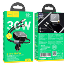 Заредете изображение във визуализатора на галерията – HOCO car charger with telescoping cable Type C + Lightning QC PD 30W NZ13 black
