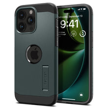 Заредете изображение във визуализатора на галерията – Spigen Tough Armor MagSafe case with stand for iPhone 15 Pro - green
