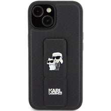 Заредете изображение във визуализатора на галерията – Karl Lagerfeld Gripstand Saffiano Karl&amp;Choupette Pins case for iPhone 15 - black
