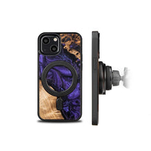 Заредете изображение във визуализатора на галерията – Wood and Resin Case for iPhone 13 Mini MagSafe Bewood Unique Violet - Purple and Black
