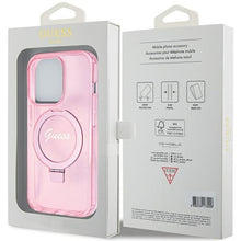 Заредете изображение във визуализатора на галерията – Original faceplate case GUESS GUHMP15LHRSGSP for iPhone 15 Pro (Magsafe / Glitter Script Logo / Ring stand / pink)
