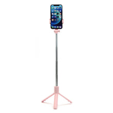 Заредете изображение във визуализатора на галерията – Combo selfie stick with tripod and remote control bluetooth pink R1

