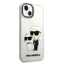 Заредете изображение във визуализатора на галерията – Original Pouch KARL LAGERFELD Gliter Karl&amp;Choupette KLHCP14SHNKCTGT for Iphone 14 transparent
