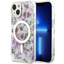 Заредете изображение във визуализатора на галерията – Original Case GUESS hardcase Flower MagSafe GUHMP14MHCFWST for Iphone 14 Plus transparent
