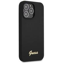 Заредете изображение във визуализатора на галерията – Guess GUHCP13XLSLMGBK iPhone 13 Pro Max 6.7" black/black hardcase Silicone Script Gold Logo
