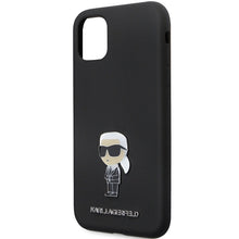 Заредете изображение във визуализатора на галерията – Original Pouch KARL LAGERFELD hardcase Silicone Ikonik Metal Pin KLHCN61SMHKNPK for Iphone 11/ Xr black
