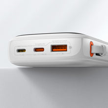 Заредете изображение във визуализатора на галерията – Baseus Qpow Digital Display Power Bank with Fast Charging 10000mAh 20W QC/PD/SCP/FCP with Built-in Lightning Cable White
