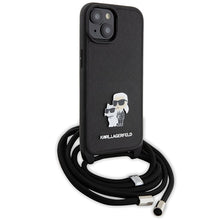 Заредете изображение във визуализатора на галерията – Original Pouch KARL LAGERFELD hardcase Crossbody Saffiano Metal Pin Karl&amp;Choupette KLHCP15MSAKCPSK for Iphone 15 Plus Black
