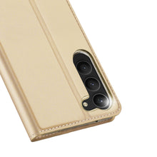 Заредете изображение във визуализатора на галерията – Dux Ducis Skin Pro Case for Samsung Galaxy S23 Flip Card Wallet Stand Gold
