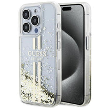 Заредете изображение във визуализатора на галерията – Original faceplate case GUESS GUHCP15LLFCSEGT for iPhone 15 Pro (Liquid Glitter Gold Stripes / transparent)
