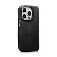 Заредете изображение във визуализатора на галерията – MagSafe Compatible Leather Flip Case for iPhone 15 Pro iCarer Curved Edge Oil Wax Real Leather Folio Case - Black
