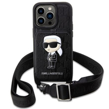 Заредете изображение във визуализатора на галерията – Karl Lagerfeld KLHCP14XCSAKHPKK iPhone 14 Pro Max 6.7" hardcase black/black Crossbody Saffiano Monogram Ikonik
