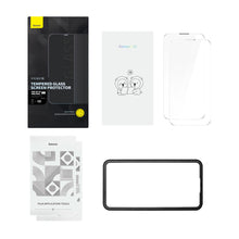 Заредете изображение във визуализатора на галерията – Baseus Set of 2x Tempered Glass for iPhone 14 Pro Max Full Screen with Speaker Cover 0.3mm + Mounting Frame
