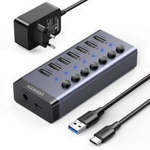 Заредете изображение във визуализатора на галерията – Ugreen multifunctional HUB 7in1 USB Type C - 7x USB Type A 3.0 PD DC 12V gray (CM481)
