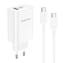 Заредете изображение във визуализатора на галерията – Borofone Wall charger BN10 Sunlight - USB + Type C - QC 3.0 PD 65W with Type C to Type C cable white
