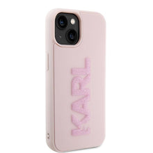 Заредете изображение във визуализатора на галерията – Original faceplate case KARL LAGERFELD KLHCP15M3DMBKCP for iPhone 15 PLUS (3D Logo Glitter  / pink)
