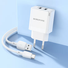 Заредете изображение във визуализатора на галерията – Borofone Wall charger BN15 Strong - 2xUSB - 2,1A with USB to Type C cable white
