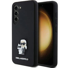 Заредете изображение във визуализатора на галерията – Karl Lagerfeld Silicone Karl&amp;Choupette Metal Pin case for Samsung Galaxy S23 - black
