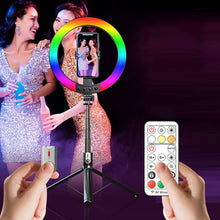 Заредете изображение във визуализатора на галерията – Selfie Stick - with detachable bluetooth remote control, tripod and ring lamp RGB - P100-RGB Black
