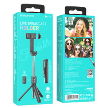 Заредете изображение във визуализатора на галерията – Borofone Selfie Stick BY11 Happy bluetooth with tripod and remote control black
