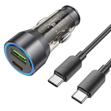 Заредете изображение във визуализатора на галерията – HOCO car charger USB QC 18W + Type C 25W + cabel Type C to Type C PD43W NZ12A transparent black
