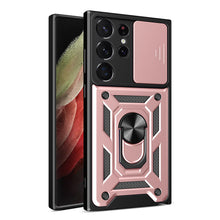 Заредете изображение във визуализатора на галерията – Hybrid Armor Camshield case for Samsung Galaxy S23 Ultra armored case with camera cover pink
