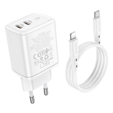 Заредете изображение във визуализатора на галерията – Borofone Wall charger BN9 Reacher - 2xType C - QC 3.0 PD 35W with Type C to Lightning cable white
