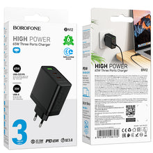Заредете изображение във визуализатора на галерията – Borofone Wall charger BN12 Manager - USB + 2xType C - PD 65W 3A black
