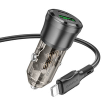Заредете изображение във визуализатора на галерията – Borofone Car charger BZ25 Journey - USB + Type C - PD 38W 3A with Type C to Lightning cable black
