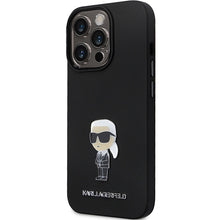 Заредете изображение във визуализатора на галерията – Original Pouch KARL LAGERFELD hardcase Silicone Ikonik Metal Pin KLHCP14LSMHKNPK for Iphone 14 Pro black
