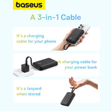 Заредете изображение във визуализатора на галерията – Baseus Magnetic Mini MagSafe 10000mAh 20W powerbank with built-in Lightning cable - black + Baseus Simple Series USB-C - USB-C 60W 0.3m cable
