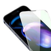 Заредете изображение във визуализатора на галерията – Baseus Full Screen Tempered Glass for iPhone 14 Pro with Anti Blue Light Filter and 0.3mm Speaker Cover + Mounting Frame
