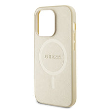 Заредете изображение във визуализатора на галерията – Original Case GUESS hardcase Saffiano MagSafe GUHMP15LPSAHMCB for Iphone 15 Pro gold
