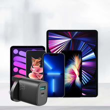 Заредете изображение във визуализатора на галерията – Joyroom fast UK wall charger USB Type C + USB 20W PD QC3.0 black (L-QP2011) + USB Type C - Lightning cable 1m (S-M006)
