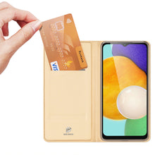 Заредете изображение във визуализатора на галерията – Dux Ducis Skin Pro Case for Samsung Galaxy A14 5G Flip Card Wallet Stand Gold
