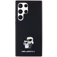 Заредете изображение във визуализатора на галерията – Karl Lagerfeld Silicone Karl&amp;Choupette Metal Pin case for Samsung Galaxy S23 Ultra - black
