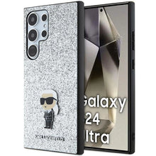 Заредете изображение във визуализатора на галерията – Karl Lagerfeld Fixed Glitter Ikonik Logo Metal Pin Case for Samsung Galaxy S24 Ultra - Silver

