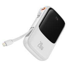 Заредете изображение във визуализатора на галерията – Baseus Qpow Digital Display Power Bank with Fast Charging 10000mAh 20W QC/PD/SCP/FCP with Built-in Lightning Cable White
