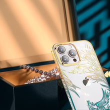 Заредете изображение във визуализатора на галерията – Luxury iPhone 14 Case with Kingxbar Phoenix Crystals - Gold and Blue
