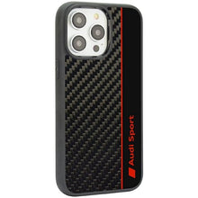 Заредете изображение във визуализатора на галерията – Original Case AUDI hardcase Carbon Fiber Stripe AUS-TPUPCIP14P-R8/D1-BK for Iphone 14 Pro black
