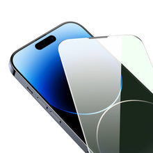 Заредете изображение във визуализатора на галерията – Baseus Full Screen Tempered Glass for iPhone 14 Pro Max with Anti Blue Light Filter and 0.3mm Speaker Cover + Mounting Frame

