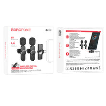 Заредете изображение във визуализатора на галерията – Borofone Lavalier wireless microphone BFK12 Trophy 2 pieces Type C and Lightning black
