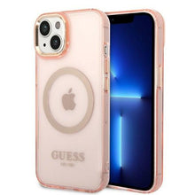 Заредете изображение във визуализатора на галерията – Guess GUHMP14MHTCMP iPhone 14 Plus 6.7&quot; pink/pink hard case Gold Outline Translucent MagSafe
