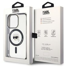 Заредете изображение във визуализатора на галерията – Original Pouch KARL LAGERFELD hardcase IML Karl`s Head Magsafe KLHMP15XHKHNOTK for Iphone 15 Pro Max Transparent
