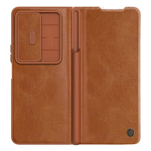 Заредете изображение във визуализатора на галерията – Nillkin Qin Leather Pro Case for Samsung Galaxy Z Fold 4 cover with camera cover and stylus holder brown
