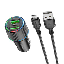 Заредете изображение във визуализатора на галерията – Borofone Car charger BZ21A Brilliant - 2xUSB - QC 3.0 36W with USB to Micro USB cable black
